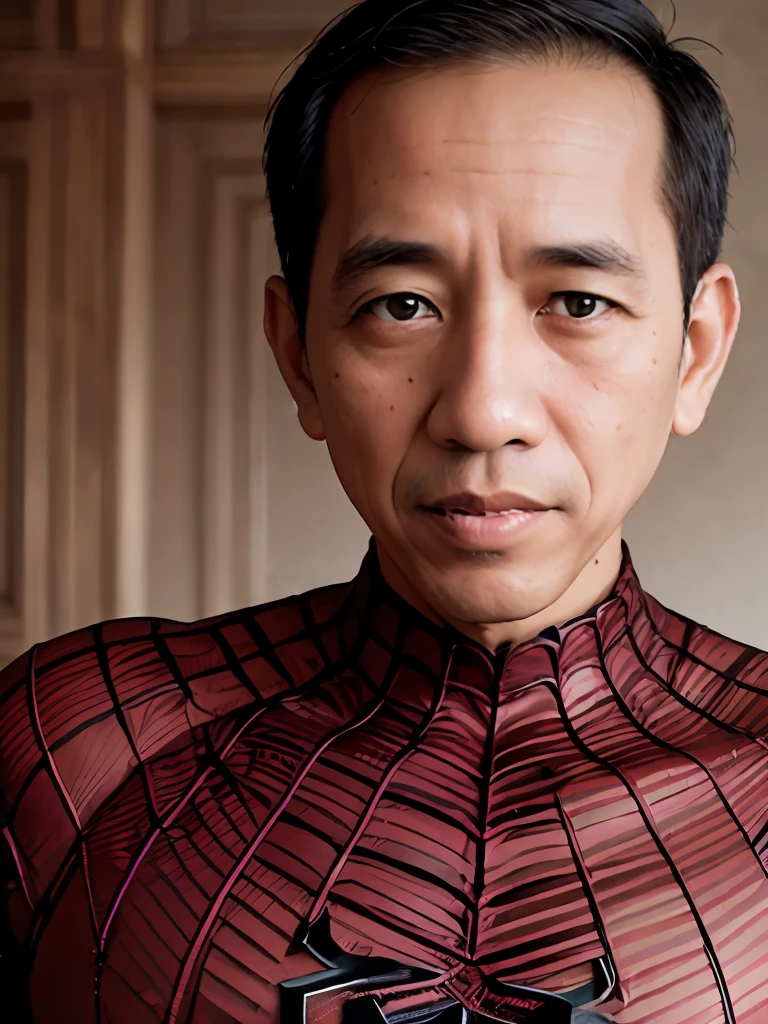 4k, beste Qualität, Meisterwerk, ultrahohe Auflösung, schöne Beleuchtung, (realistisch, photo-realistisch:1.4), realistisch background,
 jokowi, 
1 Mann, 50 Jahre alt, Spider Man, offen_Maske,