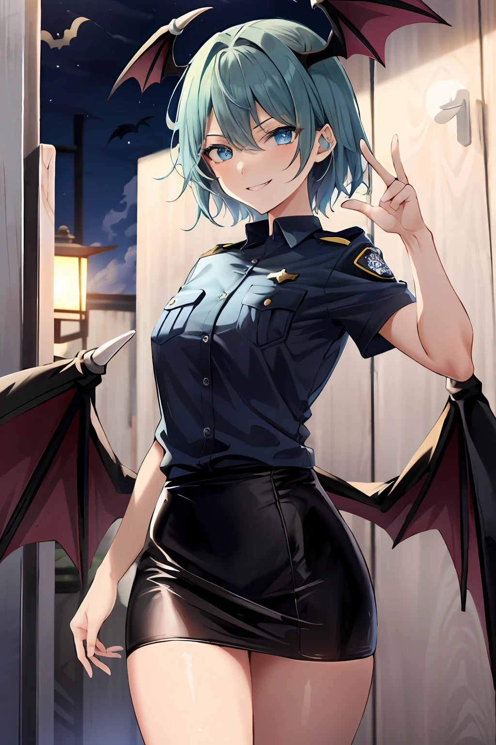 masterpiece, best quality, high resolution, solo, standing, adult woman, light blue clothes, police uniform, black hair, bat wings, short hair, blue eyes, evil smile, evil smile, miniskirt, police uniform, jail, jail, midnight