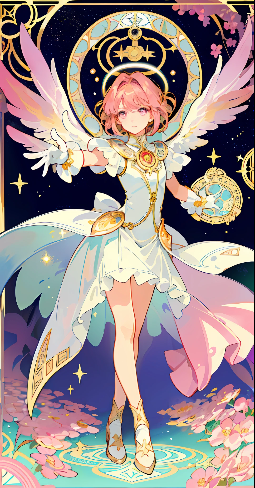 ((masterpiece,best quality)),(1girl, solo:1.4),beautiful detailed eyes, vivid, cinematic light, full_body, pink_flowers, (tarot_card), intricate, detailed background, looking_at_viewer, Cardcaptor sakura, hands reaching out, (flat chest), (walking), casual pose, posing, (white_gloves), (pink_eyes), white feathers, sparkles, glitter, celestial, outerspace, by alphonse mucha, (gold frame), halo, (tarot border)