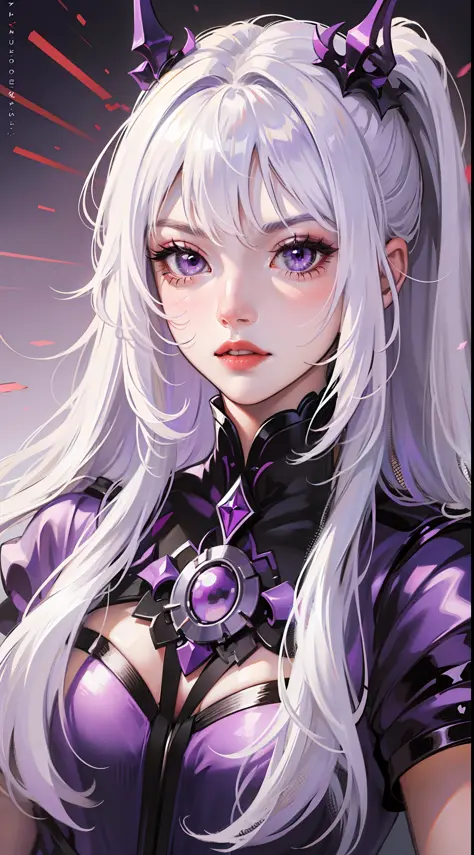 Young girl, long white hair, high ponytail, purple eyes, purple princess dress, evil look, masterpiece, high quality