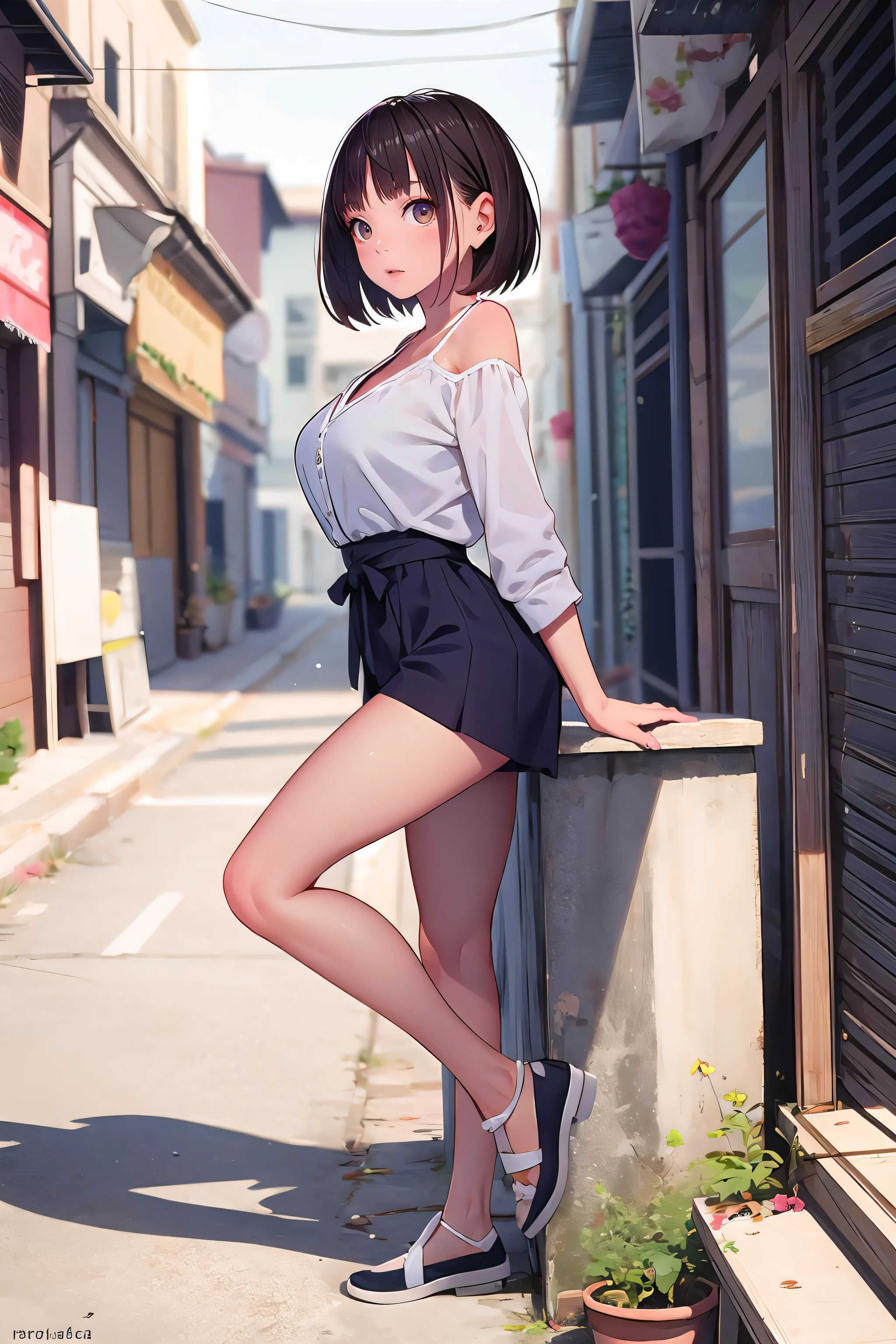 masterpiece, best quality,1girl,young girl,brown eyes,short hair,charmed _face,shiny skin,(nice leg line:1.3),thin waist,huge breasts,
BREAK
, Flower_shop,
BREAK
around crowd:1.1,depth of field,looking at viewer,sitting,from side,full body