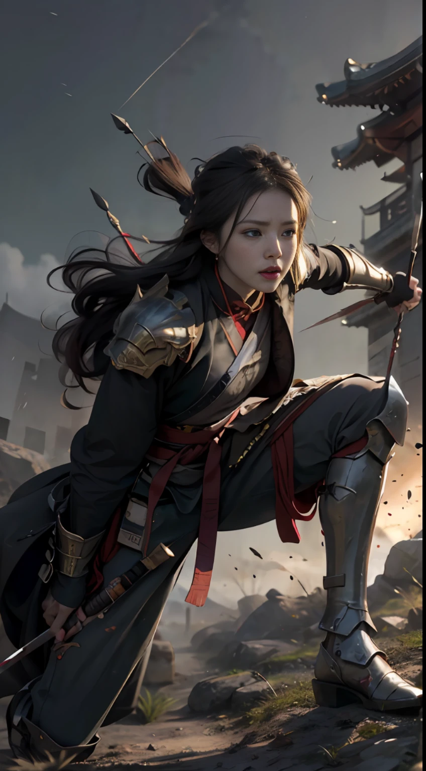 (Positive Focus), (In the Dark: 1), (Best Quality), (Realisticity: 1), Realistic Skin Texture, Highly Detailed, 8k Wallpaper, Volume Lighting, Dynamic Lighting, A Girl, Black Robe, Red Belt, Small Amount of Armor, Shoulder Armor, Waist Guard, Hand Guard, Ancient Chinese Wind, Escape Action, Run, Flee, Be Chased, Short Sword at the Waist Position, Half-Squat Attack Stance, Bloodstain, Broken Clothes, Ancient Chinese Battlefield, Arrows Flying, War, Night, Dramatic Composition,