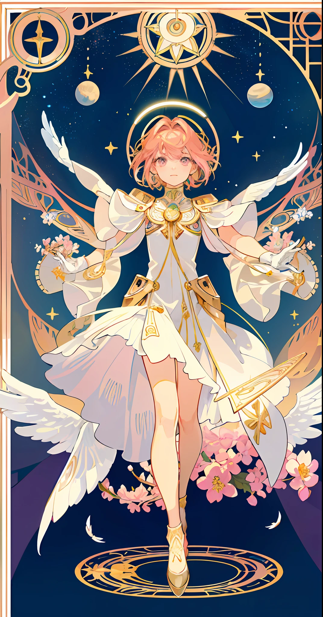 ((masterpiece,best quality)),(1girl, solo:1.4),beautiful detailed eyes, vivid, cinematic light, full_body, pink_flowers, (tarot_card), intricate, detailed background, looking_at_viewer, Cardcaptor sakura, hands reaching out, (flat chest), (walking), casual pose, posing, (white_gloves), (pink_eyes), white feathers, sparkles, glitter, celestial, outerspace, by alphonse mucha, (gold frame), halo, (tarot border)