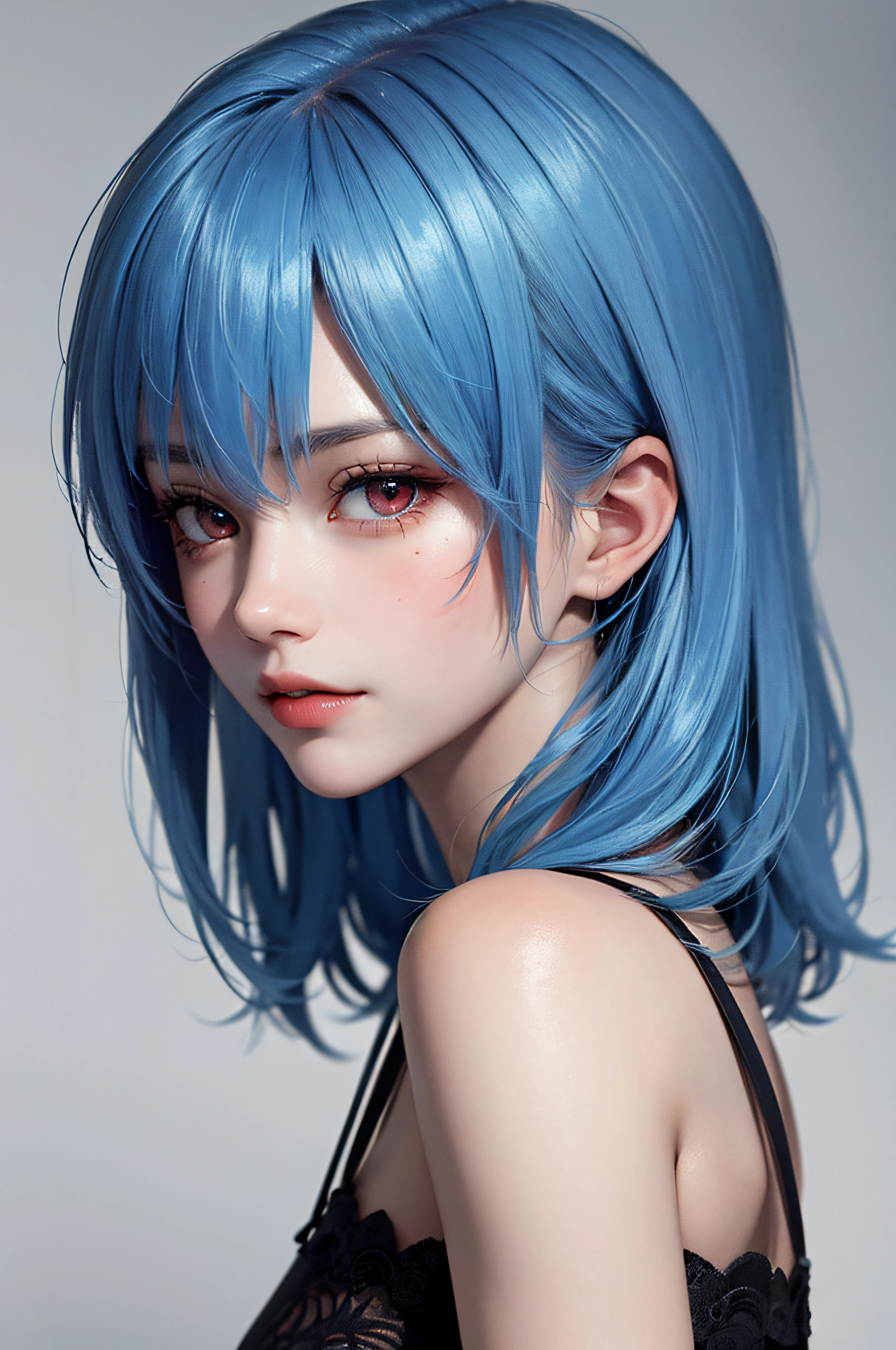 Masterpiece, Best Quality, 8K, Detailed Skin Texture, Detailed Cloth Texture, Beautiful Detail Face, Intricate Detail, Ultra Detailed, Portrait of Rei Ayanami, Blue Hair, Red Eyes, Looking Back, No Background