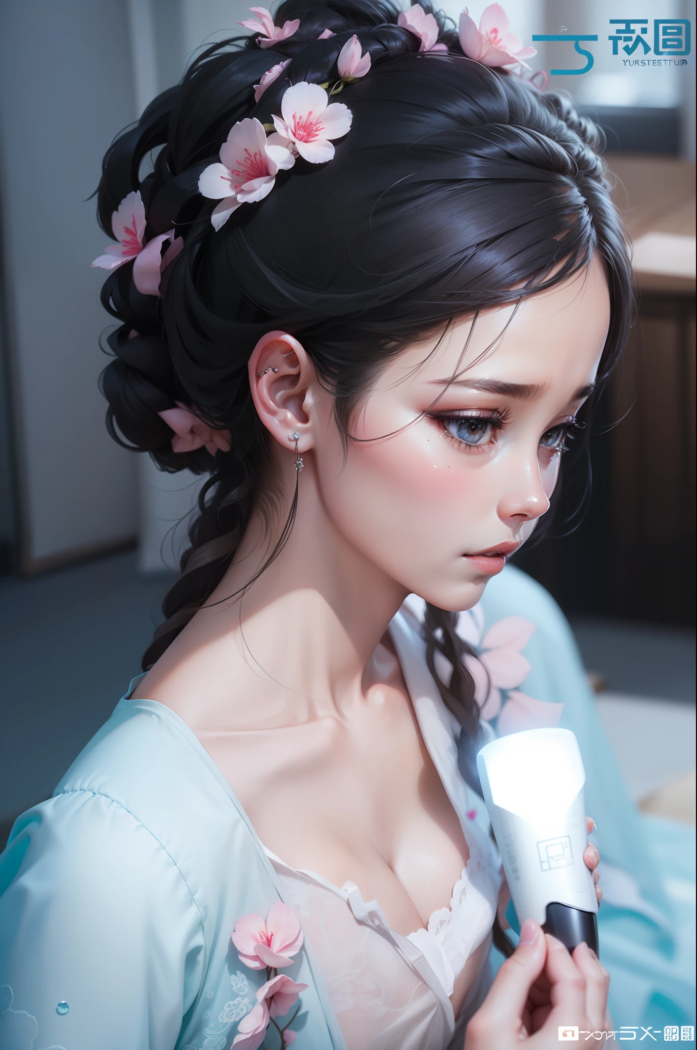 (bestquality、A masterpie:1.2)、Ultra High Res、lifelike、Front lighting、with intricate details、Exquisite details and textures、1girl、solo、(young)、Facial Highlights、fulllllbody、Detailed face、Teardrop mole、White Skin、Silver hair、ponytails、Braid hair、Watch your audience、s big eyes、Silk robes、(Hollow pattern、WHITE、silk)、ear ring、tiny breasts、Slim body、Luxurious room、professional Lighting、Photon mapping、 Radiosity、physically based rendering、(((pull up skirt、White lace panties visible))