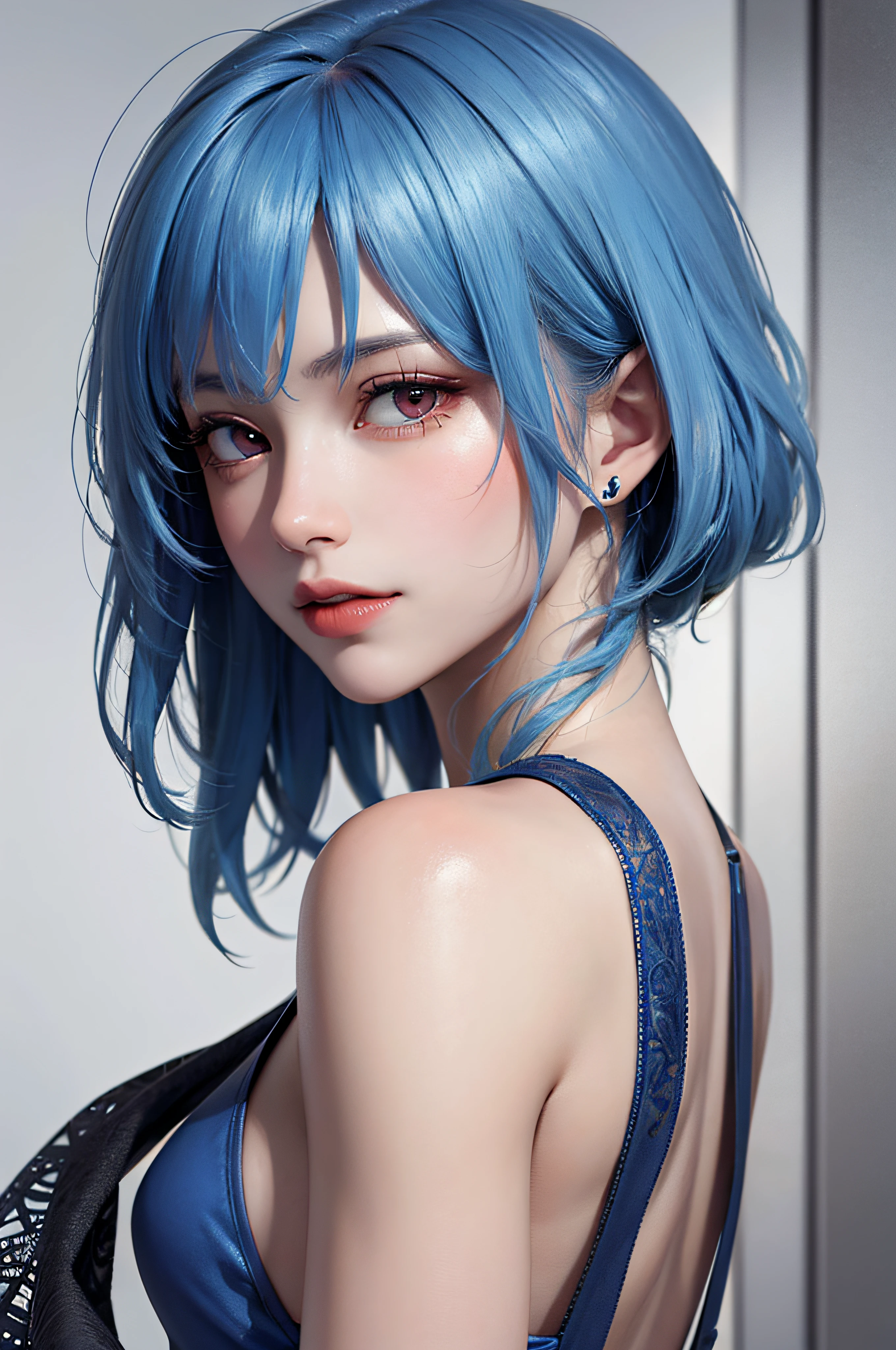 Masterpiece, Best Quality, 8K, Detailed Skin Texture, Detailed Cloth Texture, Beautiful Detail Face, Intricate Detail, Ultra Detailed, Portrait of Rei Ayanami, Blue Hair, Red Eyes, Looking Back, No Background