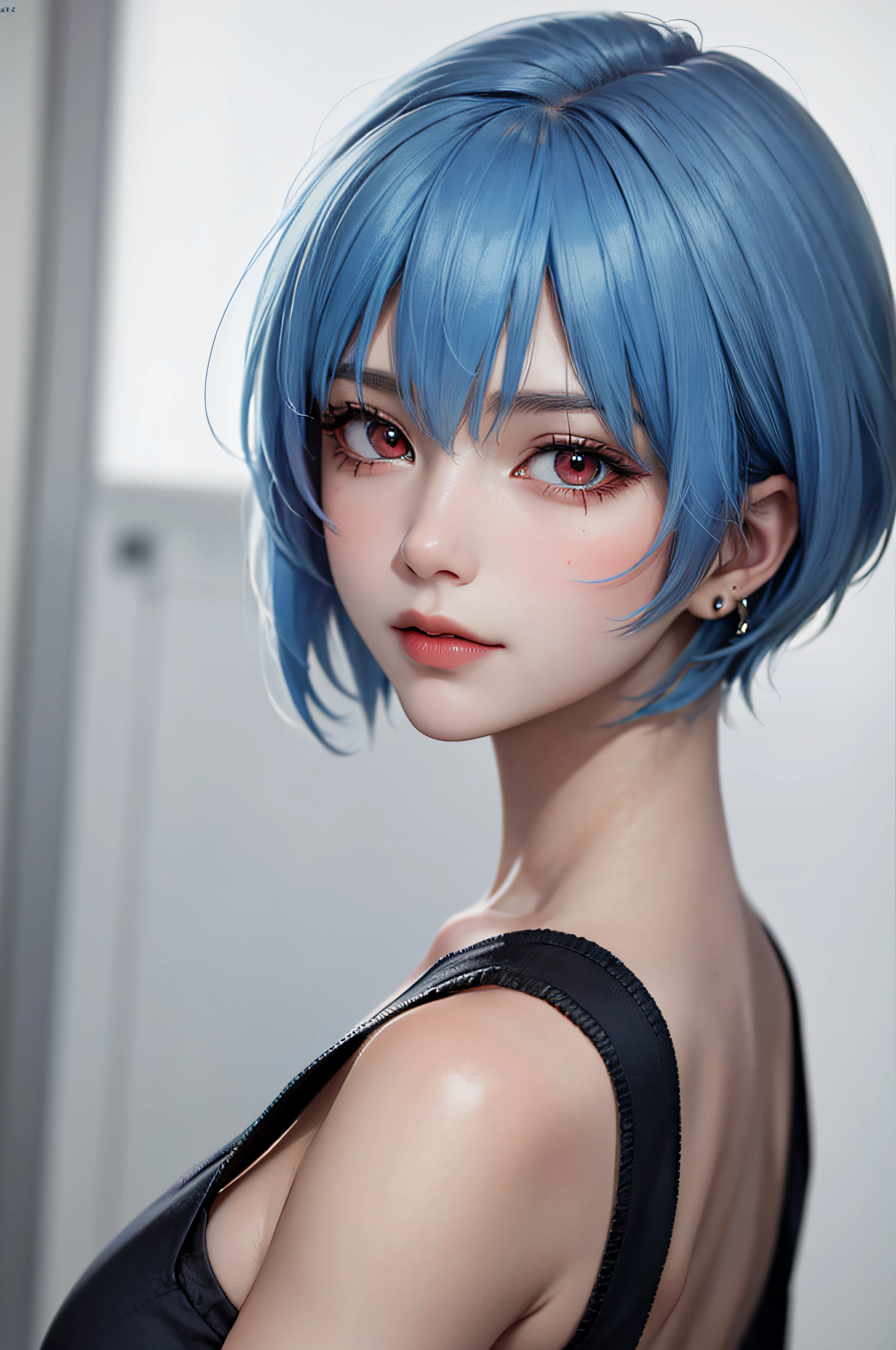 Masterpiece, Best Quality, 8K, Detailed Skin Texture, Detailed Cloth Texture, Beautiful Detail Face, Intricate Detail, Ultra Detailed, Portrait of Rei Ayanami, Blue Hair, Red Eyes, Looking Back, No Background