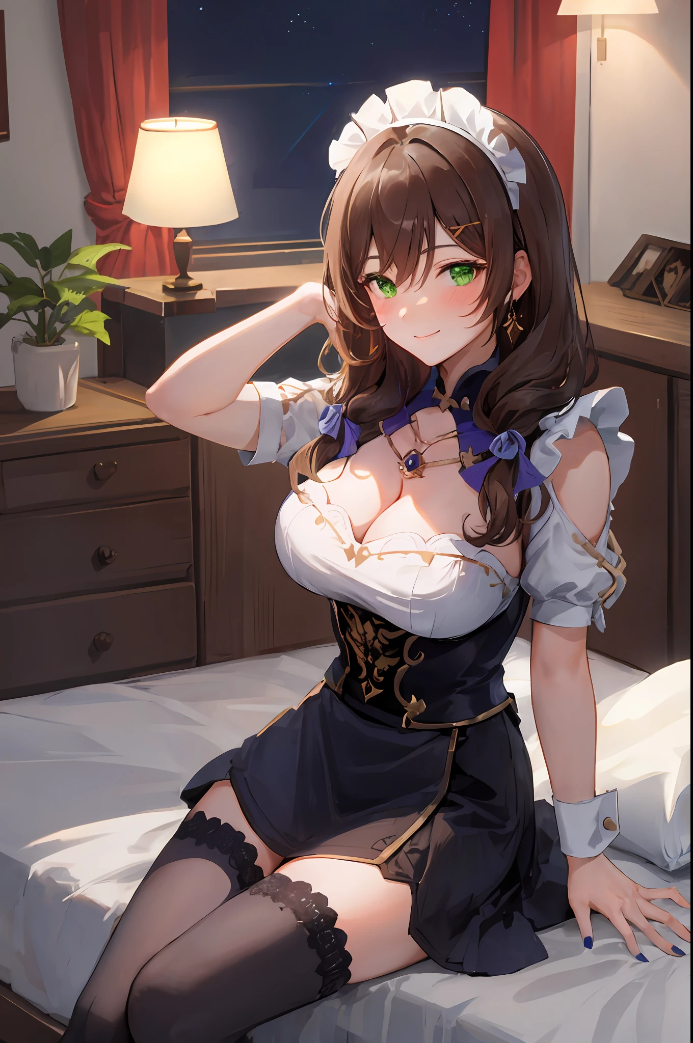 Lisa, genshin impact, 1girl, solo, breasts, cleavage, hair between eyes, messy hair, large breasts, long hair, looking at viewer, brown hair, red short nails, green eyes, solo, thighhighs, ((masterpiece)), maid dress, meidofuku, maid, skirt, stocking, ribbon, maid uniform, sitting, bedroom, bed, pillow, window, night sky, blush, shy, smile, sexy pose,