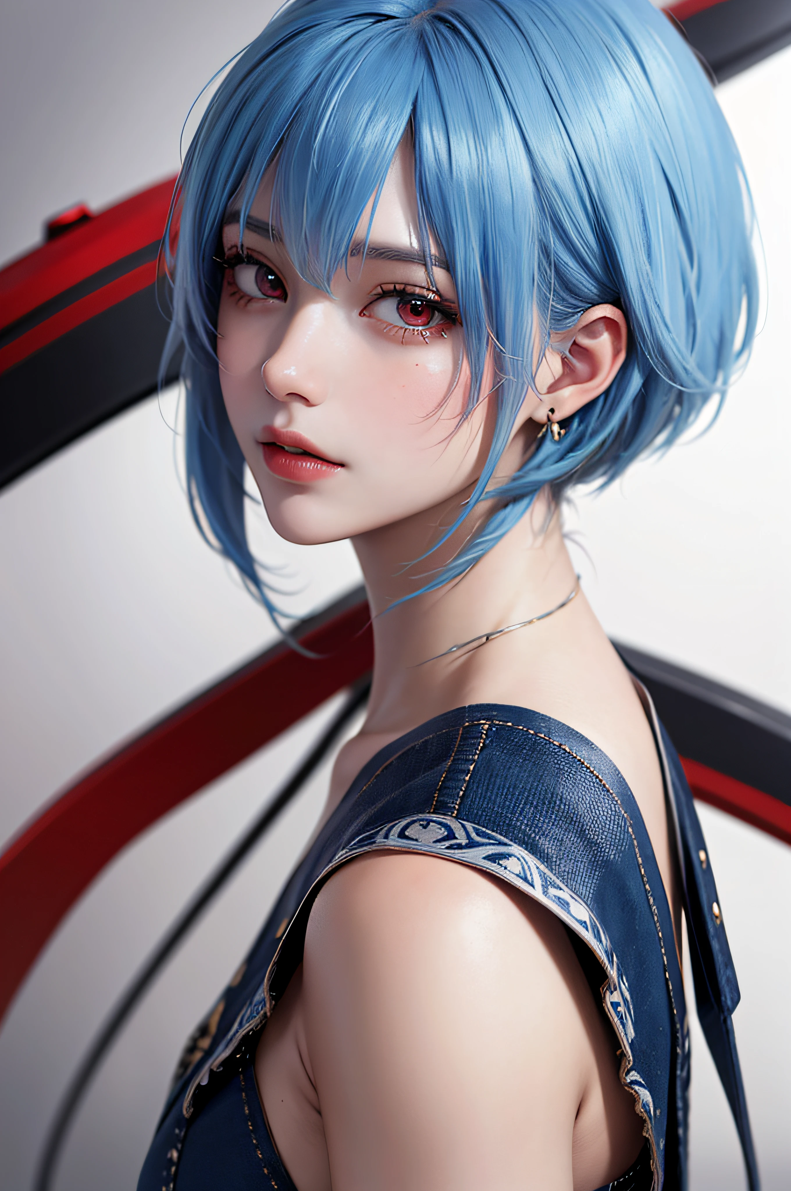 Masterpiece, Best Quality, 8K, Detailed Skin Texture, Detailed Cloth Texture, Beautiful Detail Face, Intricate Detail, Ultra Detailed, Portrait of Rei Ayanami, Blue Hair, Red Eyes, Profile, Look Down, No Background