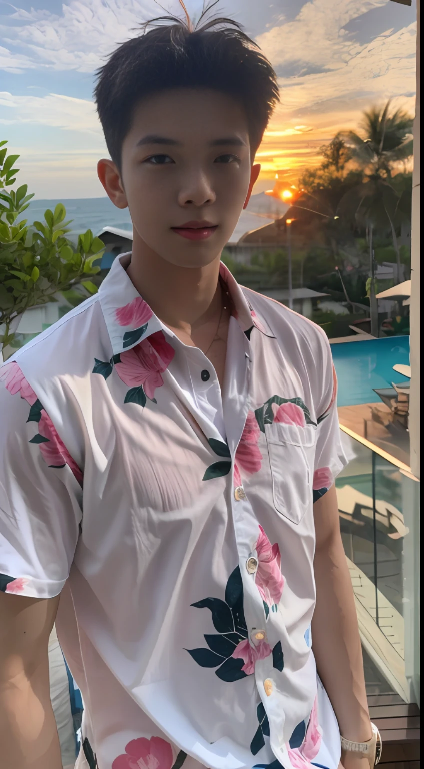 (2 Thais: 1.5), two men playing by the sea, floral shirt, beach clothes, Phuket, sunset, small fresh, realistic photo, realistic photo, textured skin, looking into the camera, 18 year old boy, studio, model, long legs