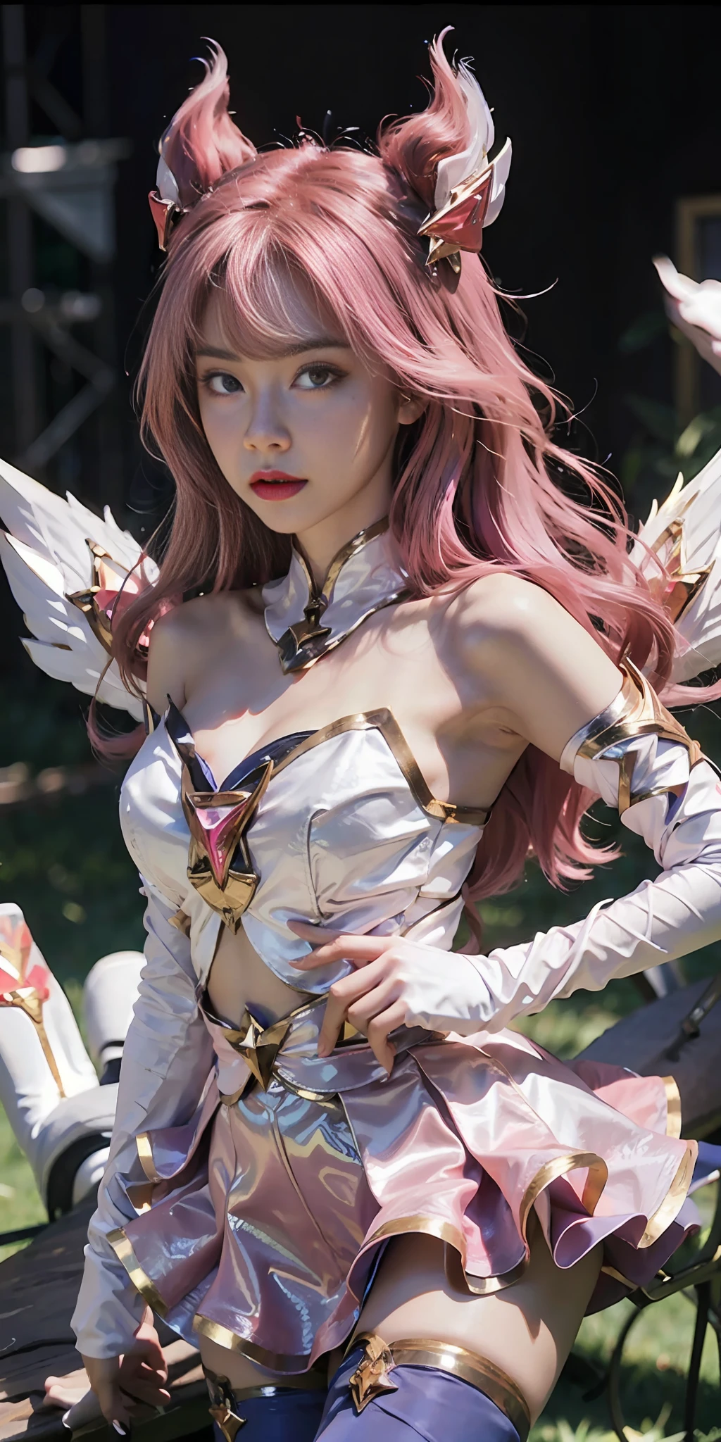 1fille, étoile guardian (League of Legends), cheveux roses, gants, cheveux longs, hauts de cuisse, jupe, thigh bottes, elbow gants, main sur la hanche, Épaules nues, seulement, (ailes), white gants, seins, bottes, Yeux roses, tout le corps, frange, Fille magique, ornement de cheveux, étoile (symbole), regarder le spectateur, Talons hauts, debout，galaxie, Arc-en-ciel, fantaisie, fond rose, étoiles,