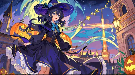 ((masterpiece:1.2, best quality)), 1girl, solo, (witch hat), a close up of a girl with curly hair, dress, aurora, night, star (s...