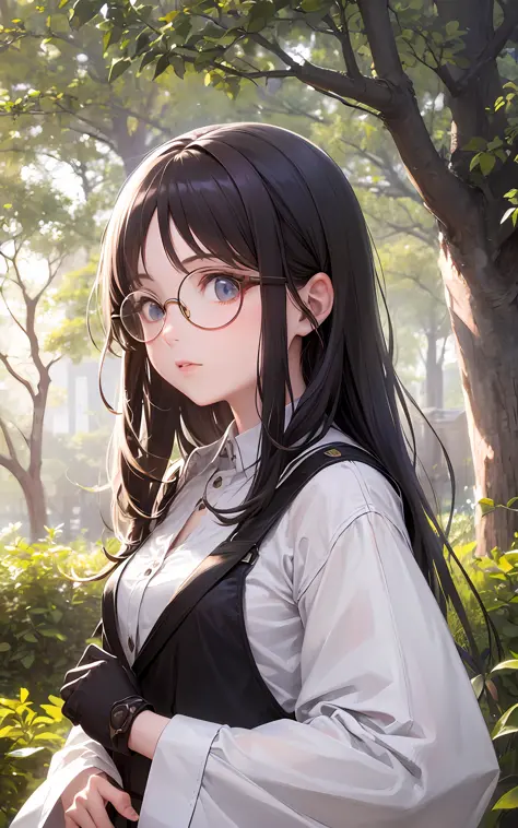 Top Quality, 8K, 4K, High Definition, Details Beautiful round glasses girl, dark-haired girl, light clothes, sunlight through th...