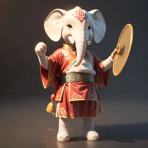 Cartoon elephant in Chinese costume holding a fan, anthropomorphic, 3D image, brand IP image, ancient costume, symbol of wisdom, ancient official costume, full body photo, standing, no background, white background, cute, smart, positive angle, cute smile, ...
