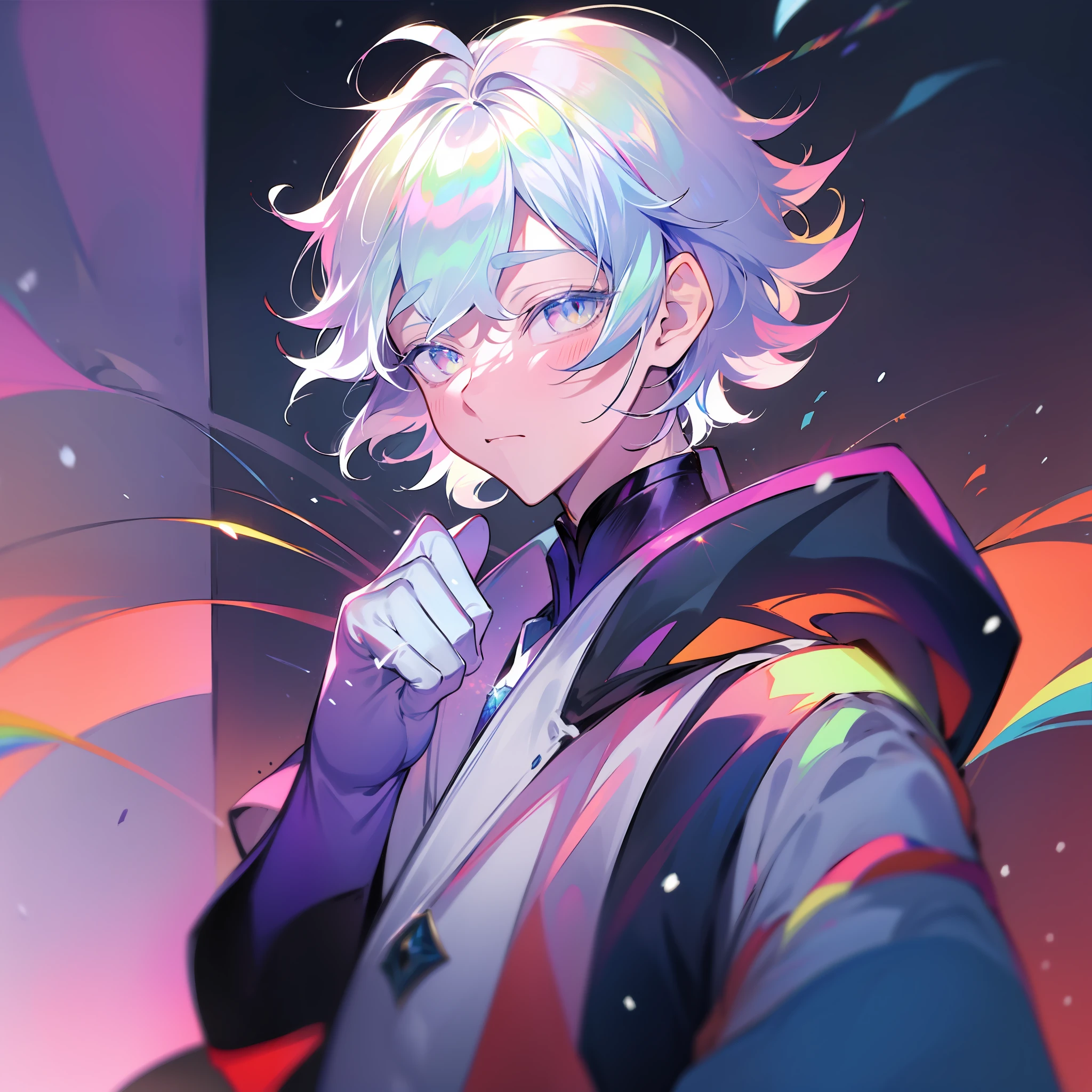 0.7>,anime boy,snow,(Male),jacket,diamond,multicolored hair, multicolored eyes