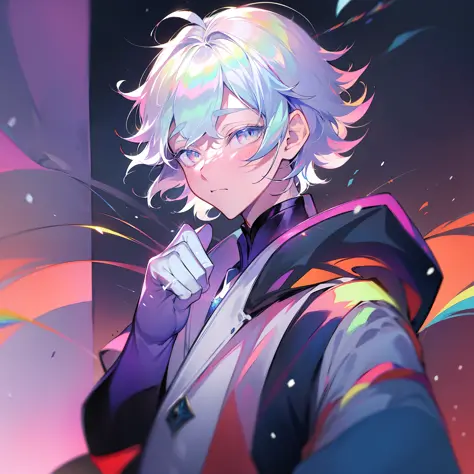 0.7>,anime boy,snow,(male),jacket,diamond,multicolored hair, multicolored eyes