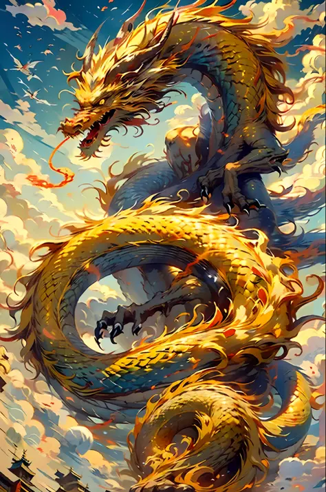 q version, golden, best quality, masterpiece, super high resolution, no human, (length: 1.2), sky, yellow eyes, clouds, scales, ...