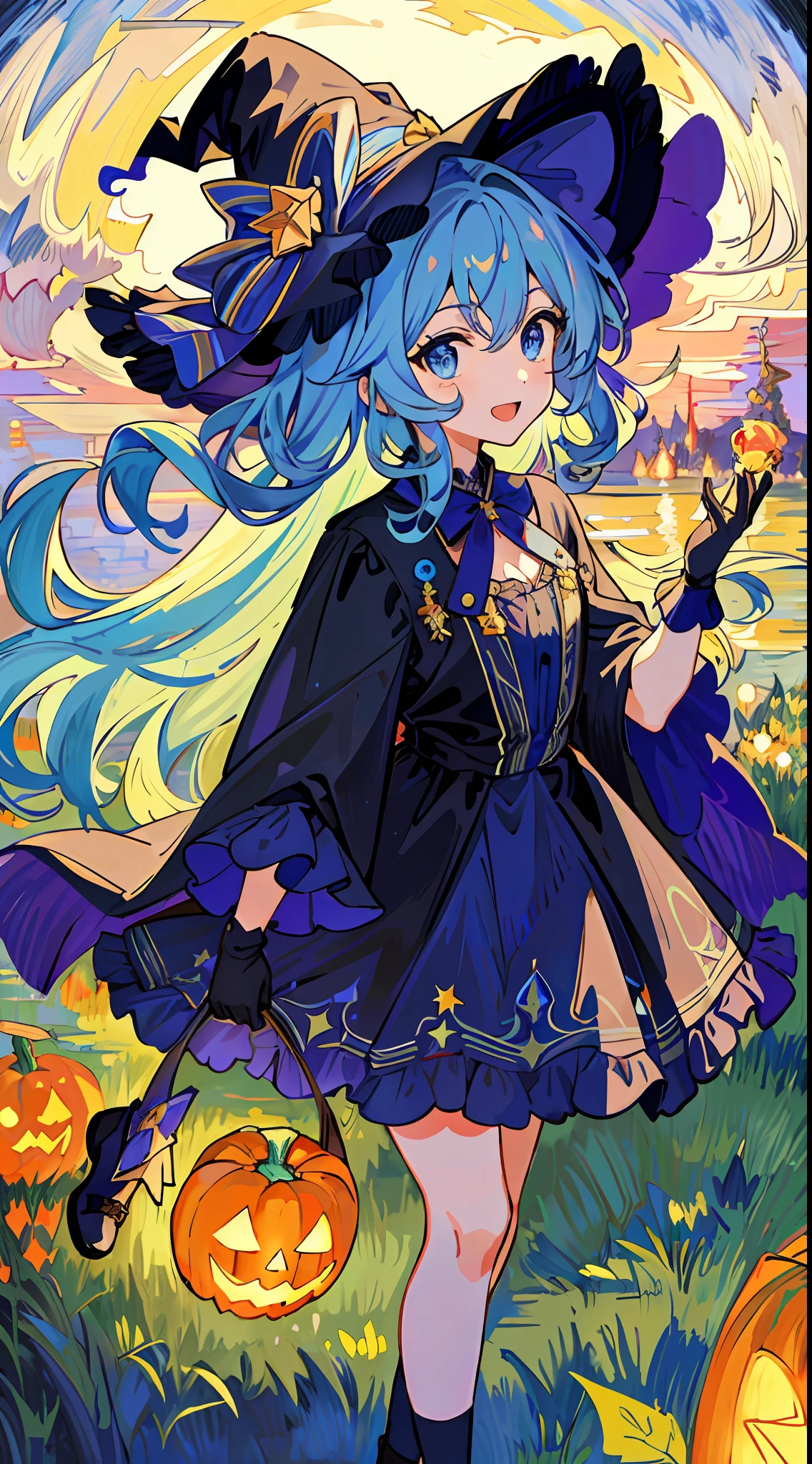 ((masterpiece:1.2, best quality)), 1girl, solo, (witch hat), a close up of a girl with curly hair, dress, aurora, night, star (sky), gloves, sky, dress, night sky, open mouth, starry sky, light blue eyes, ribbons, smile, cape, colorful hair, magic, casting spell, night, (impressionism:1.4), alphonse mucha, Halloween colors, colorful candy, magical lights, pumpkins, candies