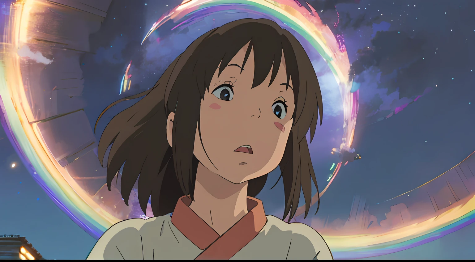 ghibli style, cute, girl, looking up at the sky, night, stars,-- rainbow 5