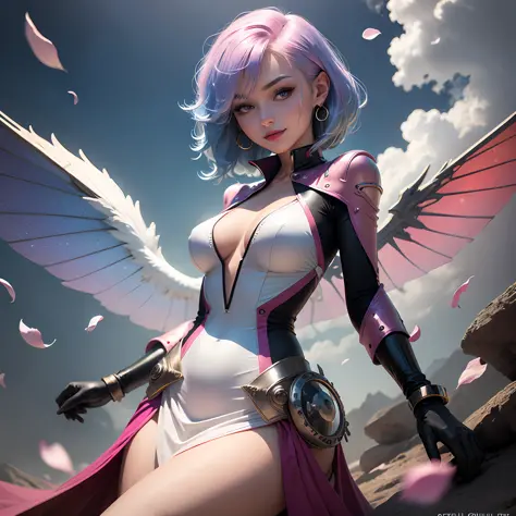 Regality Style, 1girl, blue eyes, blue hair, bodysuit, closed mouth, cloud, dress, earrings, gloves, jewelry, lips, lipstick, looking at viewer, makeup, mechanical wings, medium breasts, medium hair, petals, pink hair, pink lips, smile, solo, white gloves,...