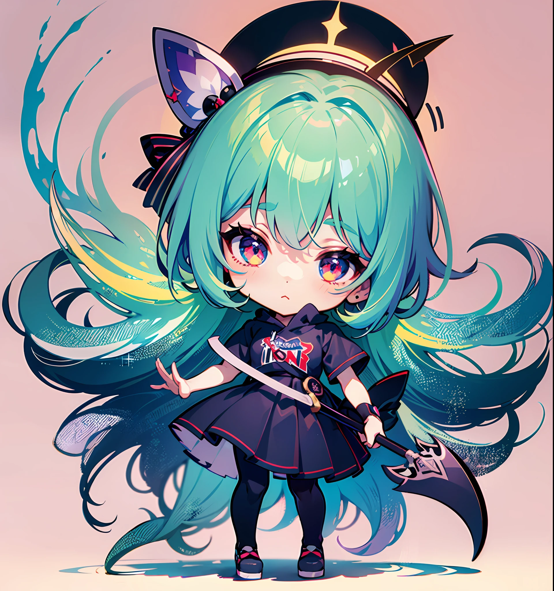 ((Sticker: 1.5))), ((Chibi Chara)), (White Background), Fluffy, Girl, Executioner, Executioner Costume, With Balance, Sentence Pose, Chibi Chara, Full Body, Pastel Hair, Fairy Tale, Fantastic, Rainbow, T-Shirt Design, Masterpiece, Best Quality, 16k, Iron Maiden Put