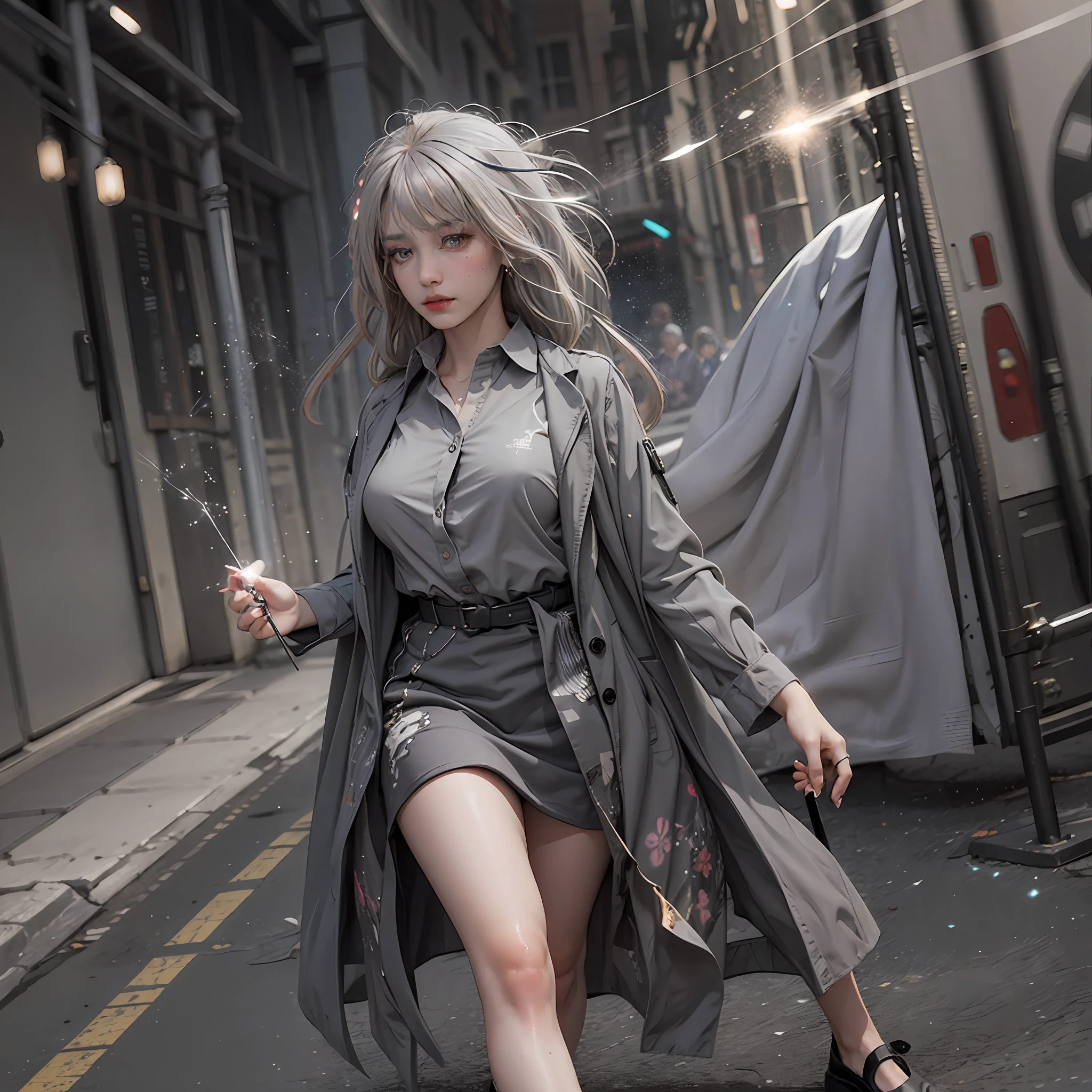 Best Quality, Full Body, Realistic, 8K, High Resolution, 1 Girl, Woman, (Skin Dents), (Room), (Professional Lighting, Bokeh), (Street), (People, Crowd:0.6), Market, (Night:1.2),(Gray Hair:2.0), (Shirt:1.5), (Portable:0.6), Gorgeous, Blooming, (Floating Hair), (Light Particles, Lens Glow, Glow Particles: 0.6), (Dynamic Pose: 1.2), Soft Light,