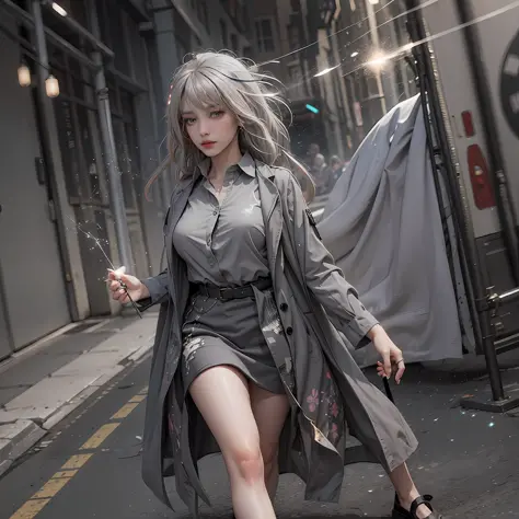 Best Quality, Full Body, Realistic, 8K, High Resolution, 1 Girl, Woman, (Skin Dents), (Room), (Professional Lighting, Bokeh), (Street), (People, Crowd:0.6), Market, (Night:1.2),(Gray Hair:2.0), (Shirt:1.5), (Portable:0.6), Gorgeous, Blooming, (Floating Hai...