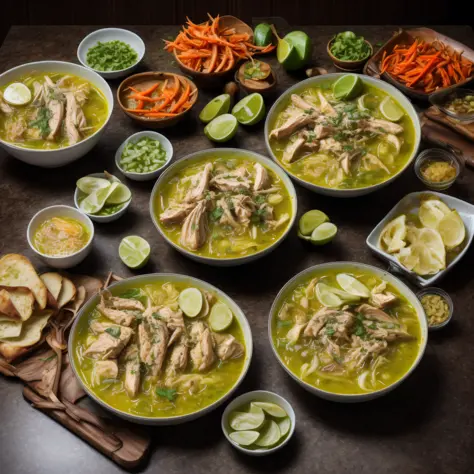 a night of soto ayam, oily and delicate, a little chopped green onion, garlic, carrot, super realistic food pictures, the comple...