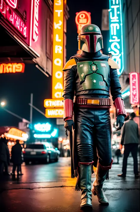 solo, man bobafett, in a cyberpunk city bustling with neon signs, night, rusty, space, planet, style, cocked hip, demure, low cut, detailed skin, matte skin, soft lighting, subsurface scattering, realistic, heavy shadow, masterpiece, best quality, ultra re...
