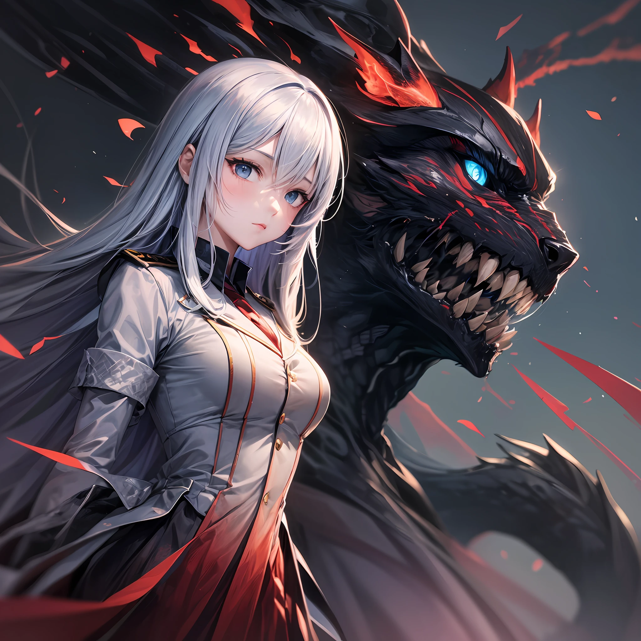 Anime girl with long white hair and blue eyes standing next to a demonic  monster - SeaArt AI