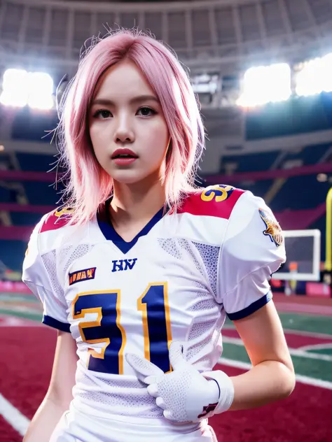 masterpiece, superlative, realistic, wearing trendy football uniform, pink hair hd, photography lighting, 16k