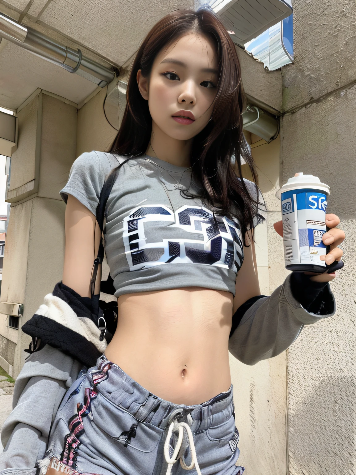 (1 garota:1.3), Sozinho, __partes do corpo__, Rosto de Kim Ji-ni Jennie, vestindo marca da moda, Camiseta de futebol, corpo magro, Cintura nua, calções de futebol, Rosto cansado do mundo, Olhos frios, Fotos de fotos em estilo coreano, iluminação fotográfica, forte contraste, Luz solar no rosto, Rosto cansado do mundo, senso de alta classe, Olhos frios, feminino, Fundo Cimento Cinza, Imagem com resolução de 8k, detalhes simétricos intrincados. A imagem inteira segue em frente, principalmente uma mulher em pé sobre o corpo, com movimentos suaves e uma imagem completa.