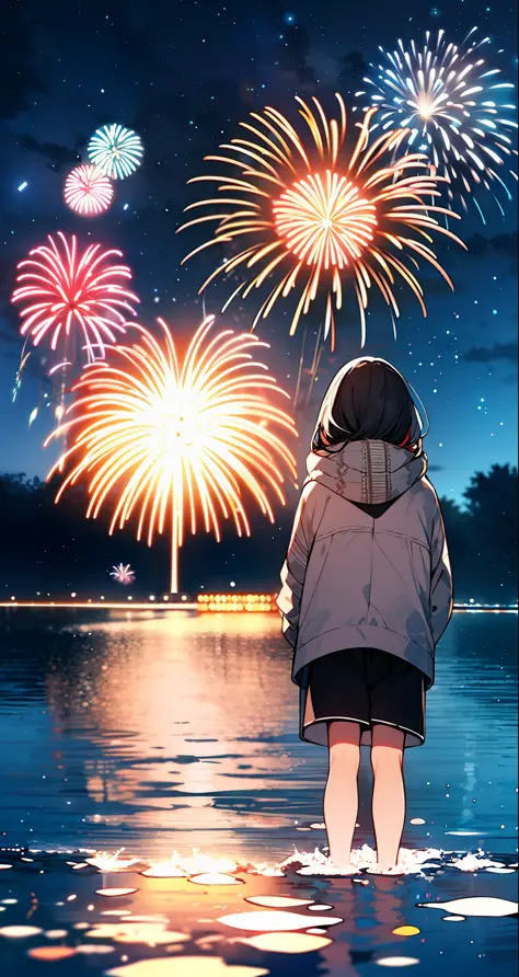 vertical view, a girl, fireworks reflected in the water