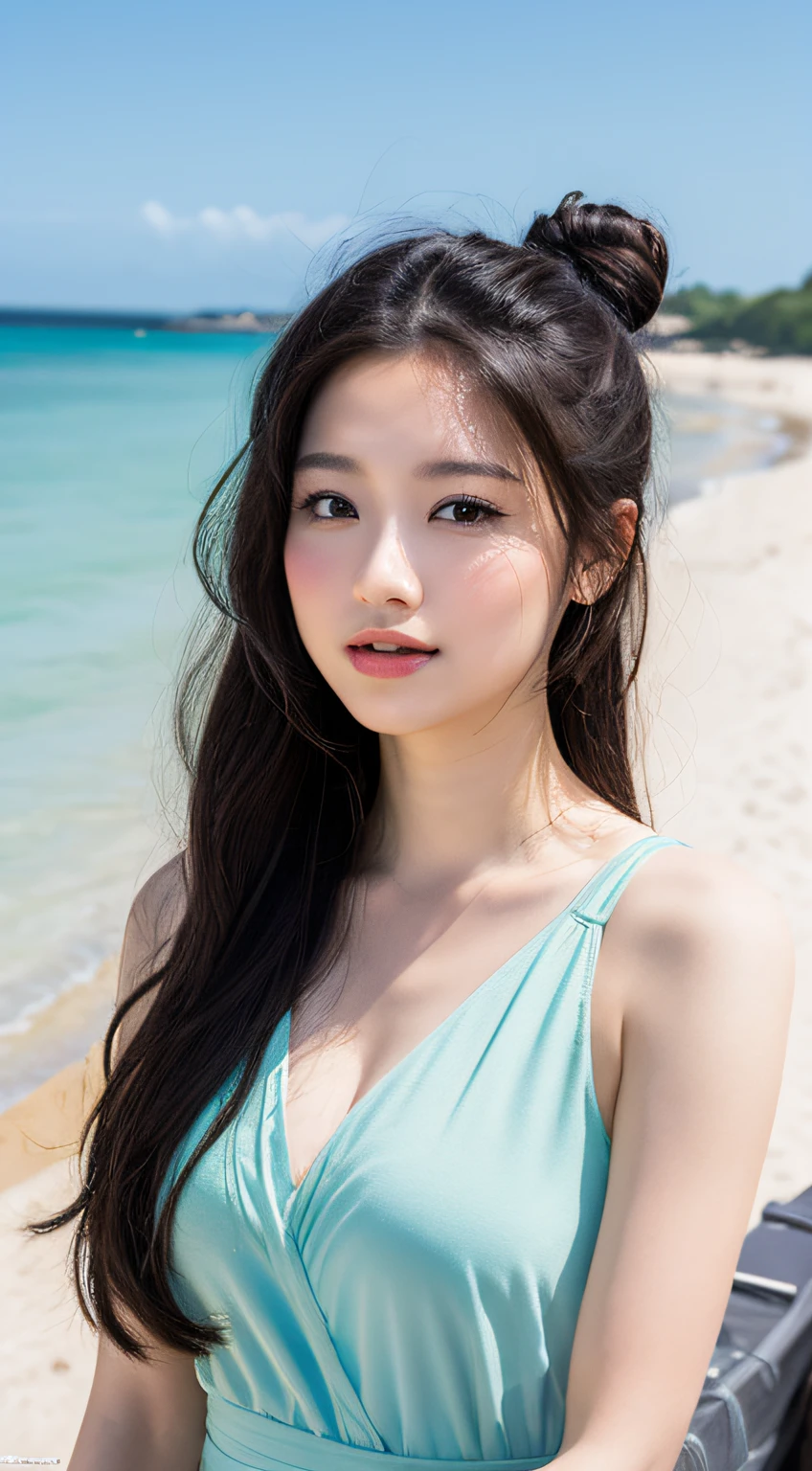 best quality, masterpiece, masterpiece,best quality,official art,extremely detailed CG unity 8k wallpaper, day, on the beach, realistic, photo, girl, long hair, black hair, curly_hair, hair bun, light blush, black kneehighs,