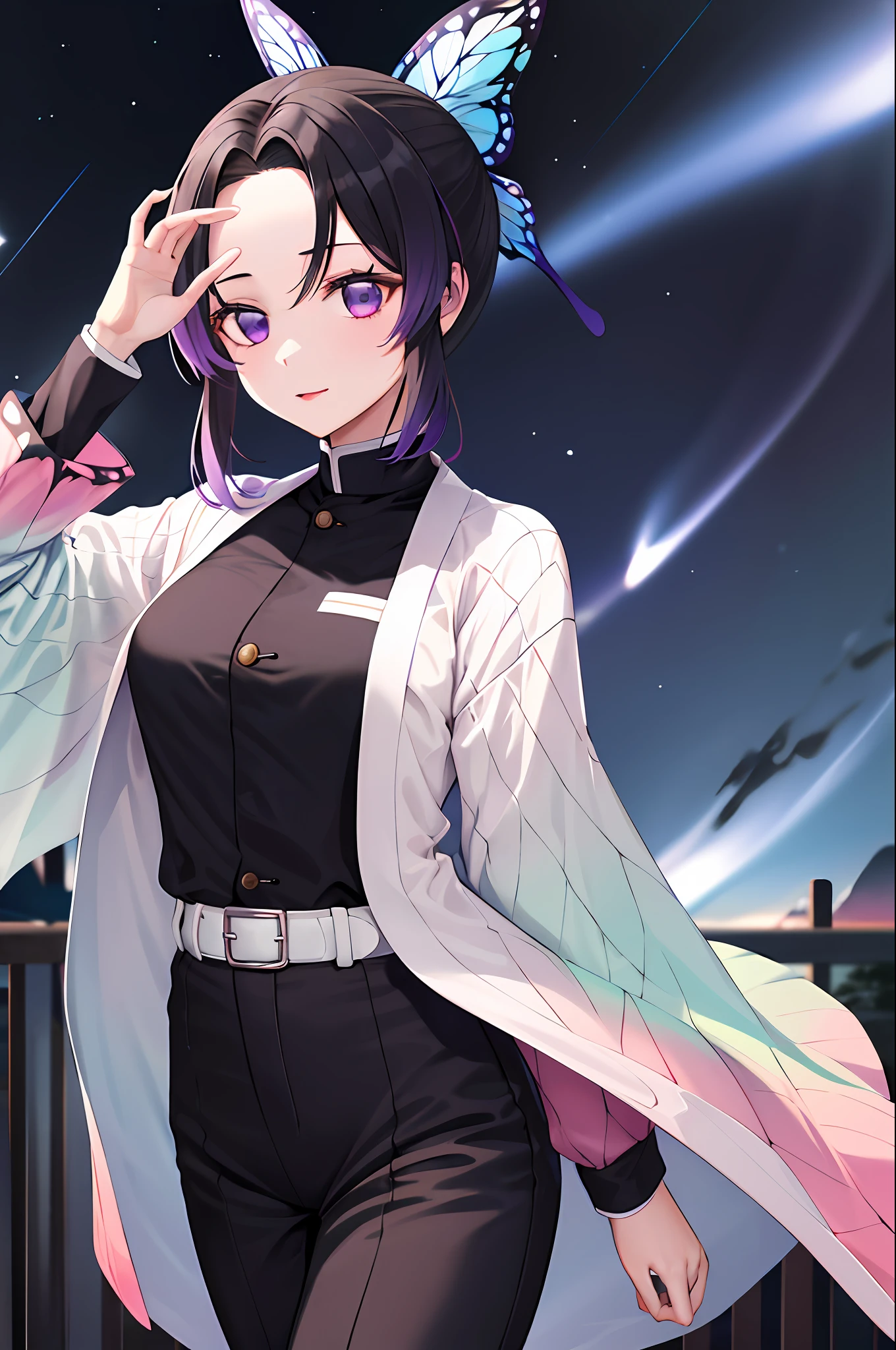 Masterpiece, Best Quality, Hi-Res, 1girl, Solo, Kocho Shinobu, Butterfly Hair Ornament, Purple Eyes, Multicolored Hair, Short Hair, Parted Bangs, Black Pants, Black Jacket, Long Sleeve, Belt, Cowboy Shot, Night with Countless Stars, Milky Way