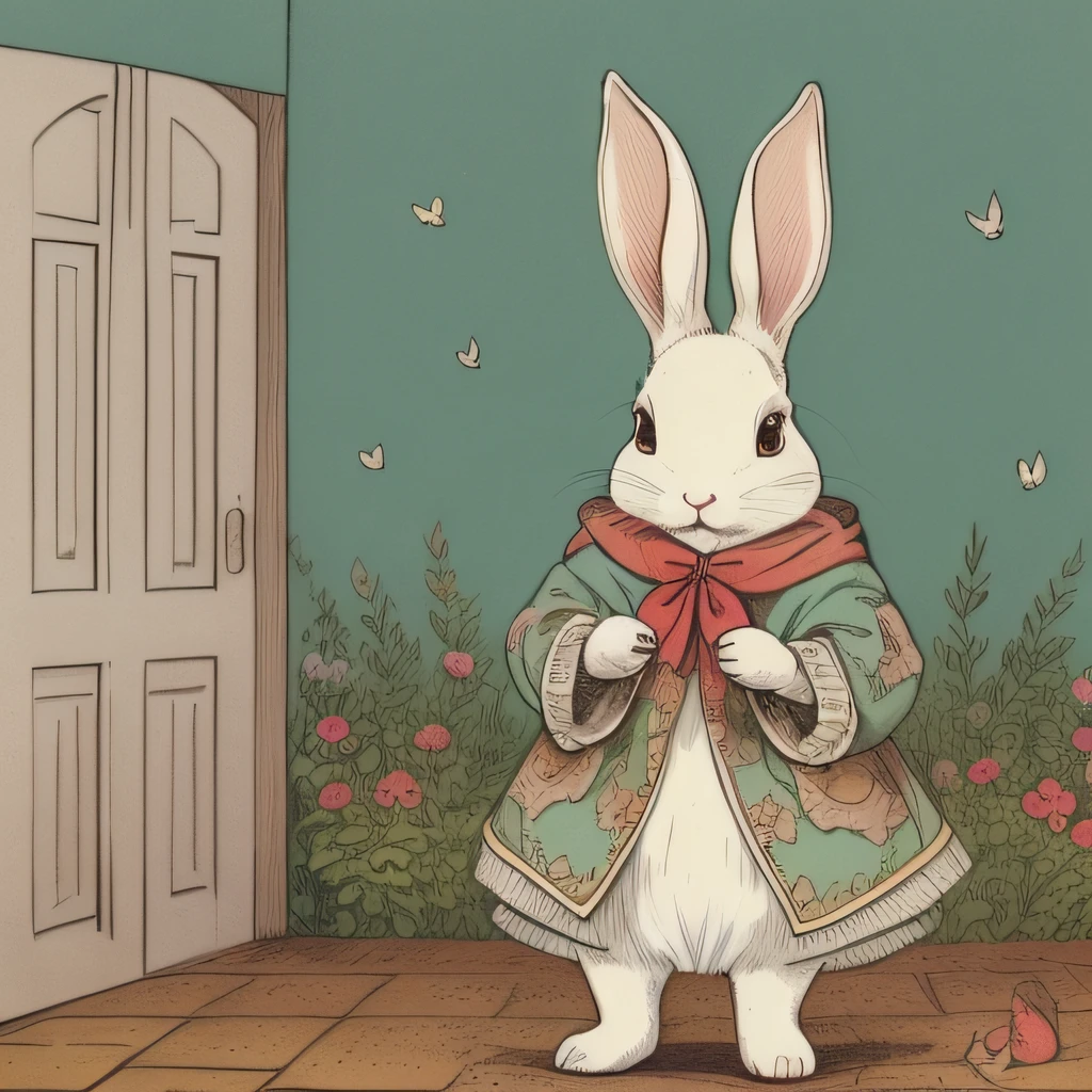 儿童图画书插图, 披着国王外衣的兔子, 白兔子, 双足动物, 兔子拟人化, 三头身, 设置图像, 可爱的, 两只兔耳朵, 彩色插图, 组成材料, 多彩的颜色, 变形兔子, 18 世纪法国服装,