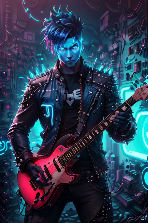 A blue punk man ((neon)) with spiky hair and a leather jacket, holding a guitar in one hand, in the BlueAP style, realistic,