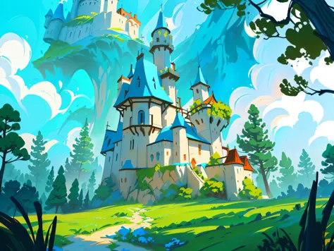 mushroom head as the eaves of the castle, a mushroom castle in the forest, with yellow mushrooms and blue mushrooms, blue sky an...