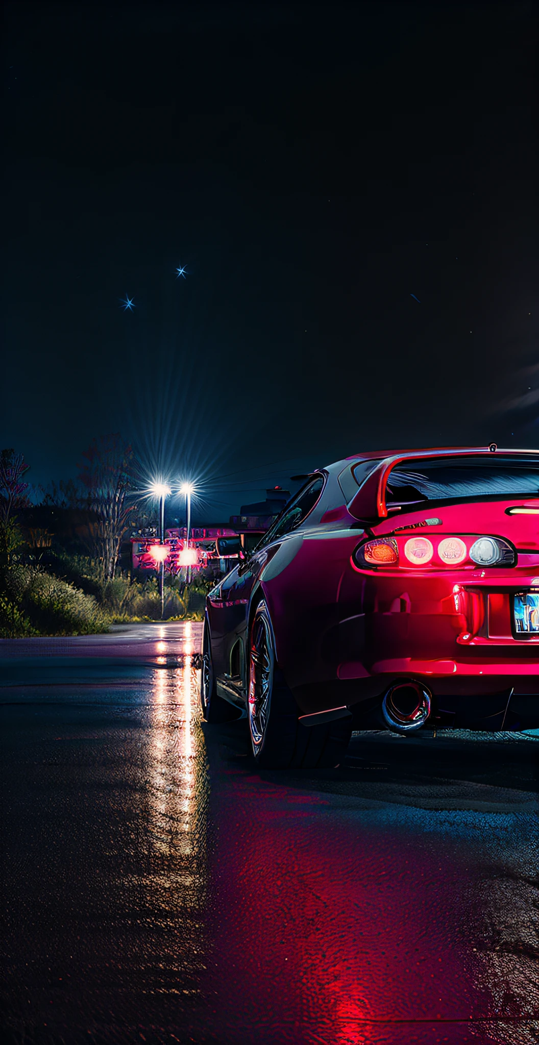 (STANCE), masterpiece,best quality,official art,extremely detailed CG unity 8k wallpaper,illustration, light,car, bright, sports car, vehicle focus, road, ((need for speed)),((NFS)), moving, wet, (((night, midnight))),neon lights,drift,  (MARKII)