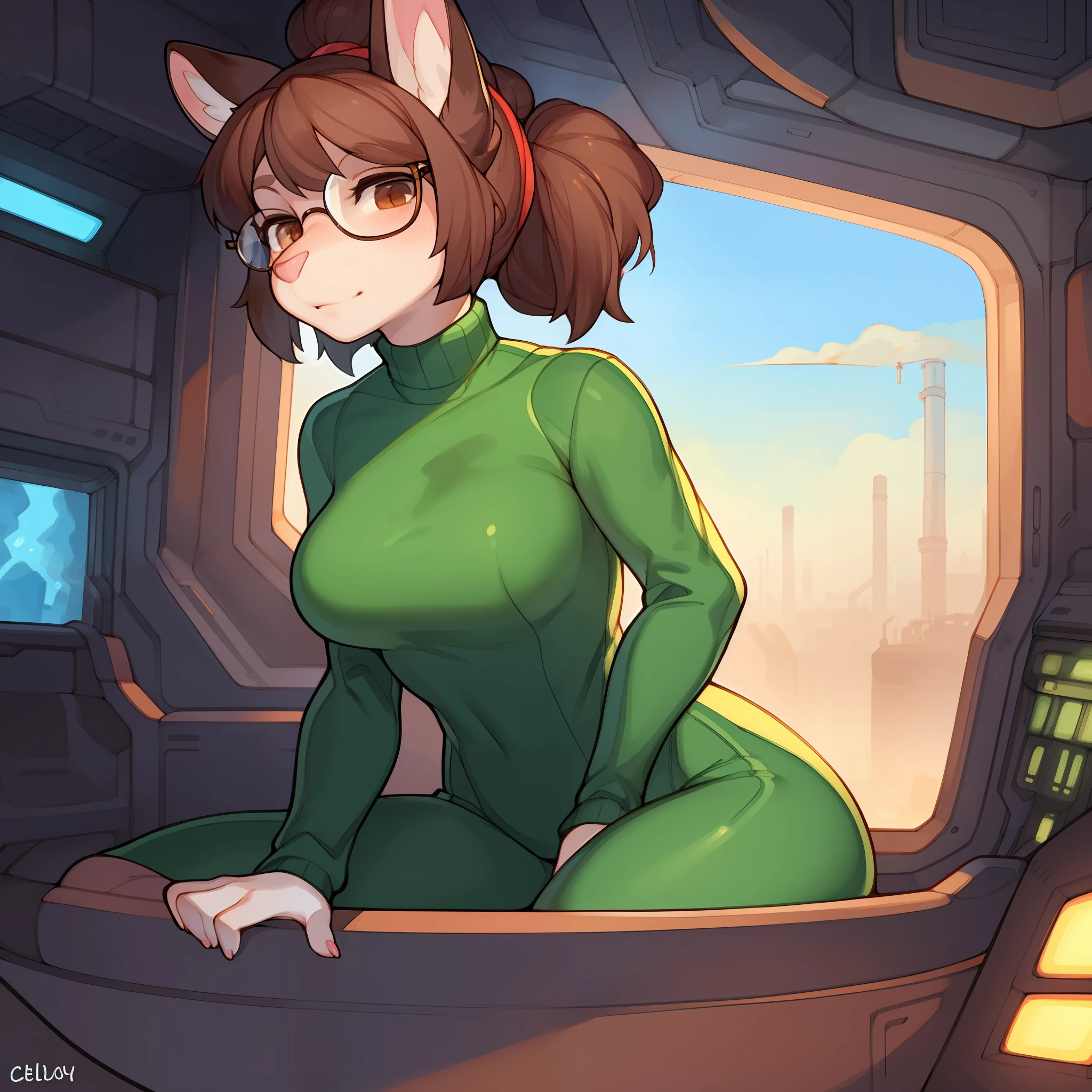 Solo, female, grey fur, brown eyes, detailed eyes, glasses, detailed hands, brown hair, small hair bun, medium breasts, turtleneck, green spacesuit, plain fur, pink nose, lips, snout, spaceship, window, smoggy planet, factories, crowds of people in the background, by buta99, by chelodoy, by spikedmauler, by cervina7