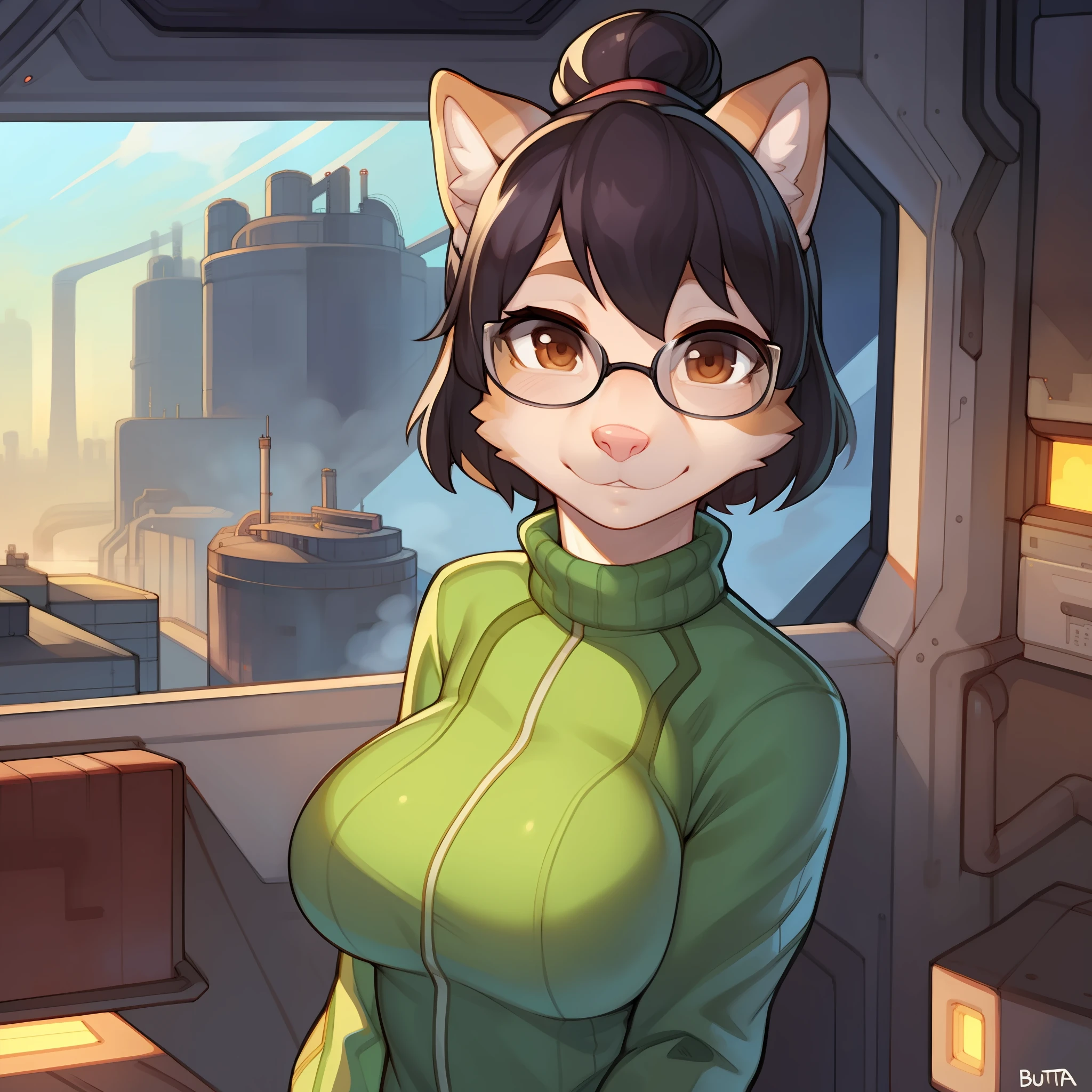 Solo, female, canine, tan fur, brown eyes, detailed eyes, glasses, detailed hands, black hair, small hair bun, medium breasts, turtleneck, green spacesuit, plain fur, pink nose, lips, snout, spaceship, window, smoggy planet, factories, crowds of people in the background, by buta99, by chelodoy, by spikedmauler, by cervina7