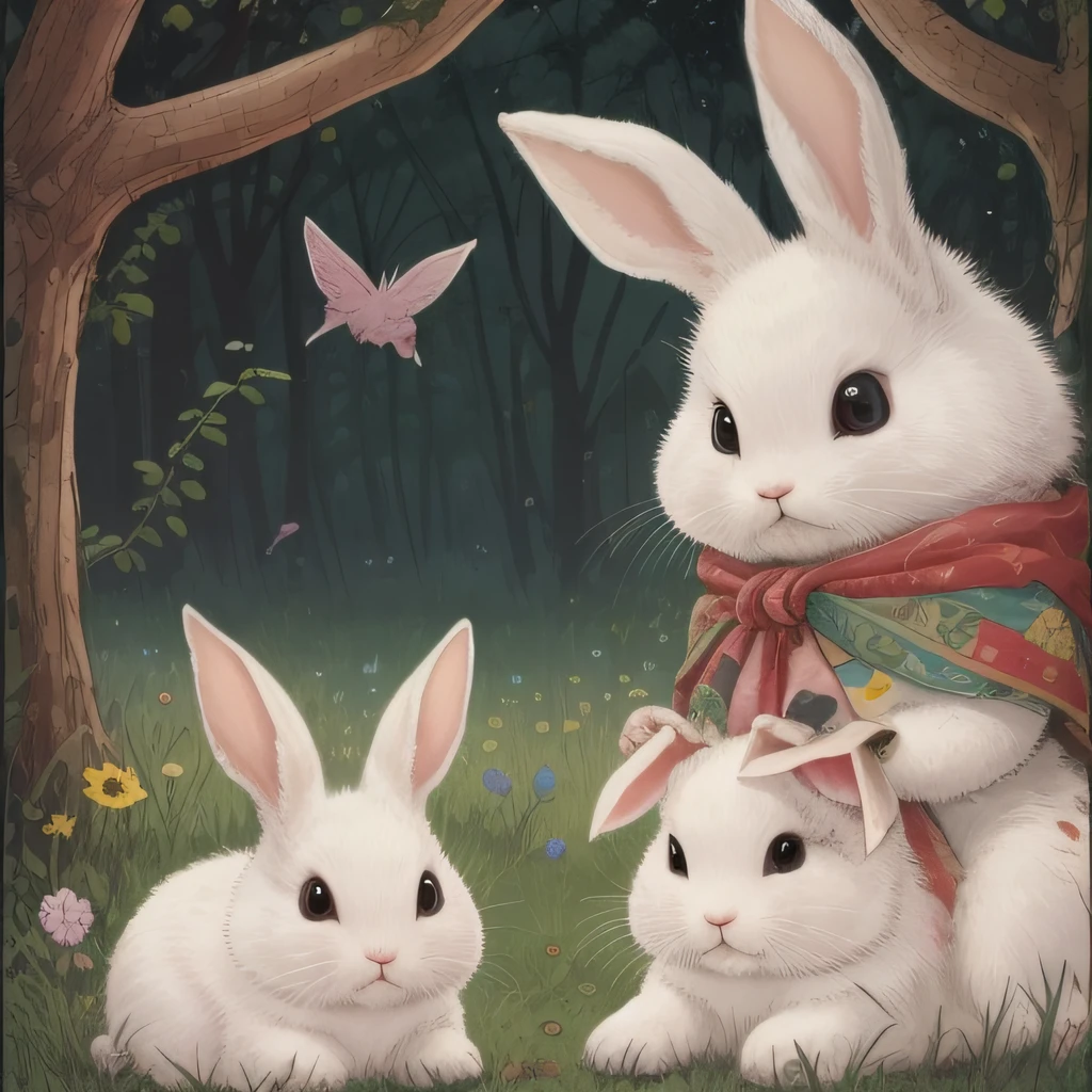 Ilustrações de livros ilustrados para crianças, Dois coelhos atravessando a ponte, Coelho branco, bípede, personificação do coelho, três cabeças, fofinho, Duas orelhas de coelho, ilustração colorida, Cores coloridas, coelho deformado, Roupas francesas do século 18,