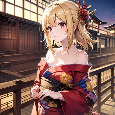 Blonde girl alone, red eyes, kimono, off shoulder, kyoto, festival