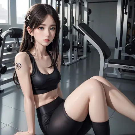 (Best quality) meticulous sportswear girl, sitting on the floor of the gym with open legs, wearing complex leggings and sports b...
