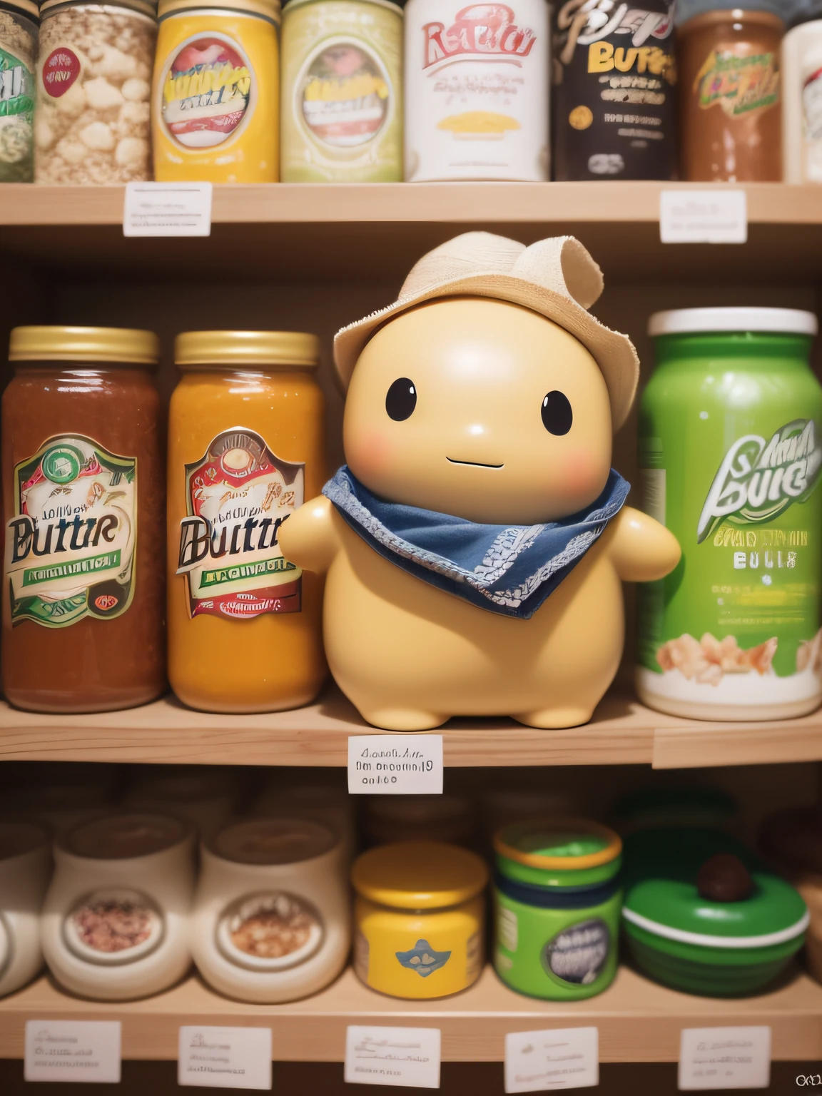 (Magical Photo: 1.3), (Real: 1.3), (Energetic: 1.3), product photo of a large butter doll placed on a shelf, humorous, complex, epic, (by artist RHADS: 1.3), very detailed, (Provia: 1.3)