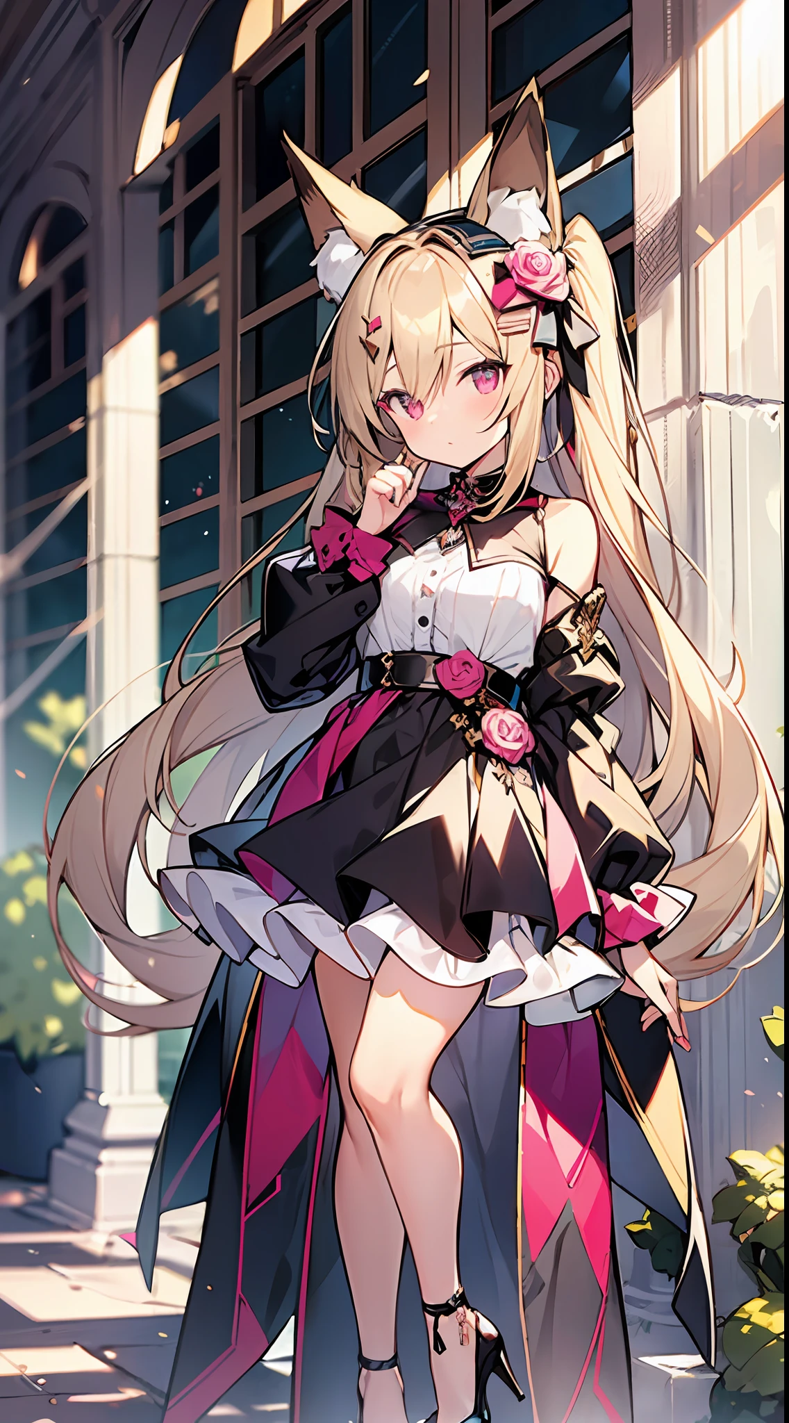 ((Masterpiece, Best Quality)), a maiden , standing, full body photo, blond hair, short double ponytail, pink eyes, bangs between the eyes, fox ears, black, white and rose clothing, clothing style: mine, hair ornaments are bows, crystal pendants, high heels, white silk