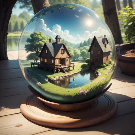 a small, summer globe with a house inside, summer, trees, and a pond