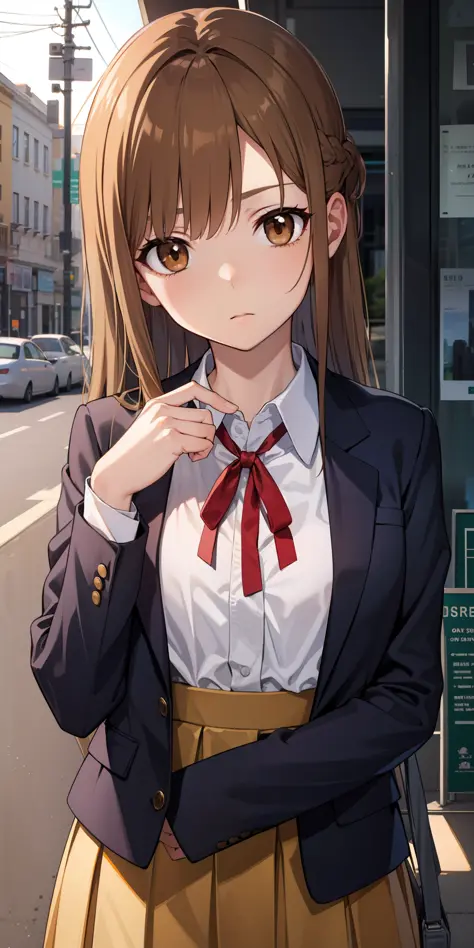 asunayuuki, asuna yuuki, long hair, brown hair, (brown eyes:2),
BREAK skirt, shirt, long sleeves, ribbon, school uniform, jacket...