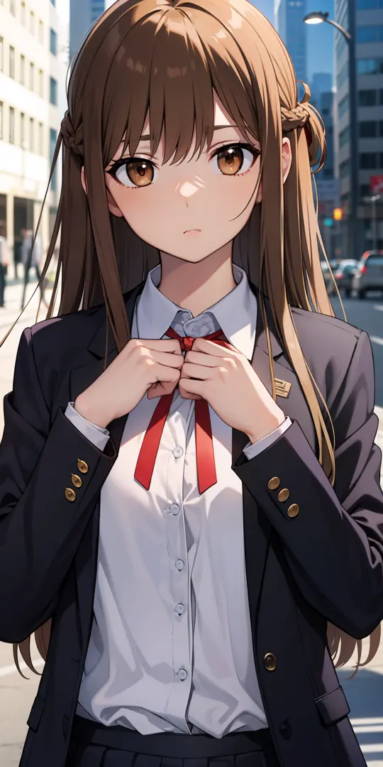 asunayuuki, asuna yuuki, long hair, brown hair, (brown eyes:2),
BREAK skirt, shirt, long sleeves, ribbon, school uniform, jacket...