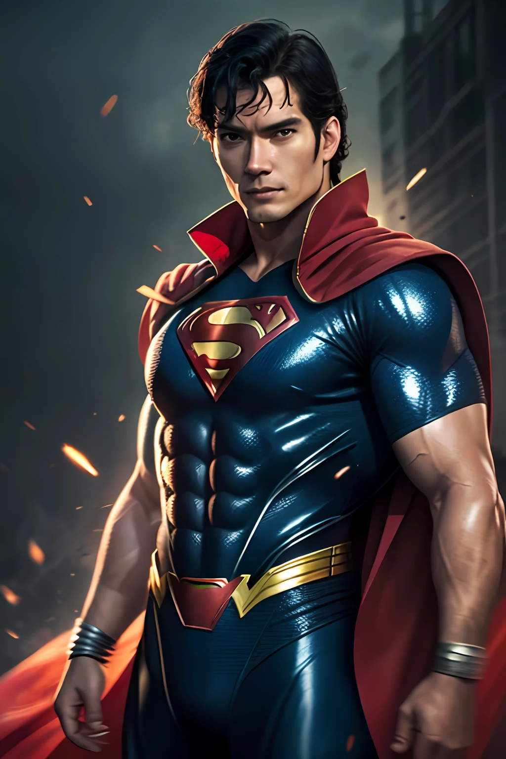 Andy Lau como Superman, 20 años, traje completo con detalles negros y rojos, capa roja, pelo que cubre la frente, cabello corto, pelo limpio, alto, varonil, fuerte, muscular, cara seria, pelo medio negro, mejor calidad, Alta resolución: 1.2, obra maestra, Foto original, fondo oscuro, traje detallado, cara detallada, Tiro superior del cuerpo